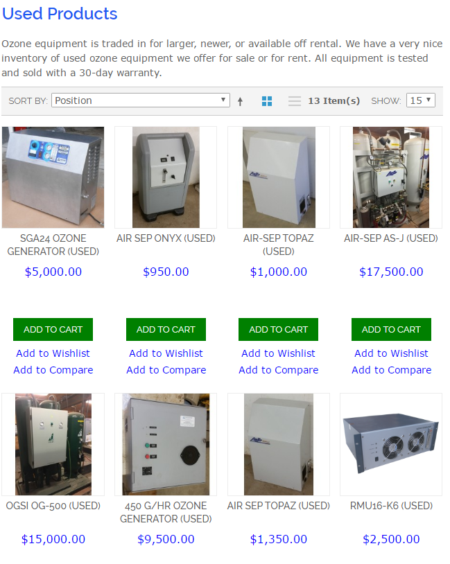 Used and refurbished ozone generators and equipment