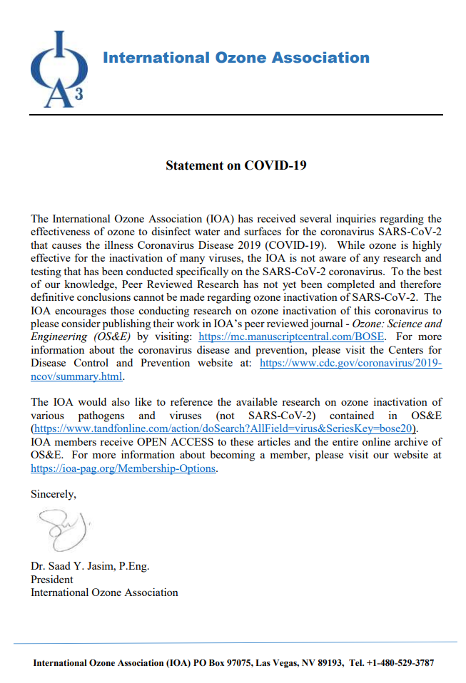 International ozone association satatement on COVID-19