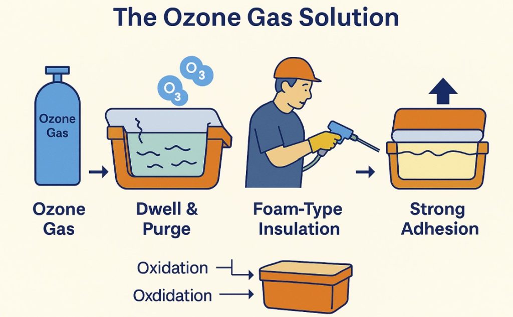 Ozone solution with plastic adhesion infographic.