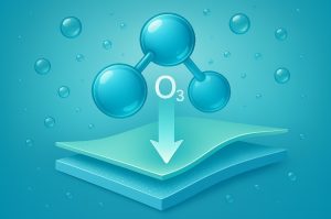 This image that visually represents the concept of ozone (O₃) interacting with layered materials, symbolizing its role in extrusion laminating and plastic adhesion.