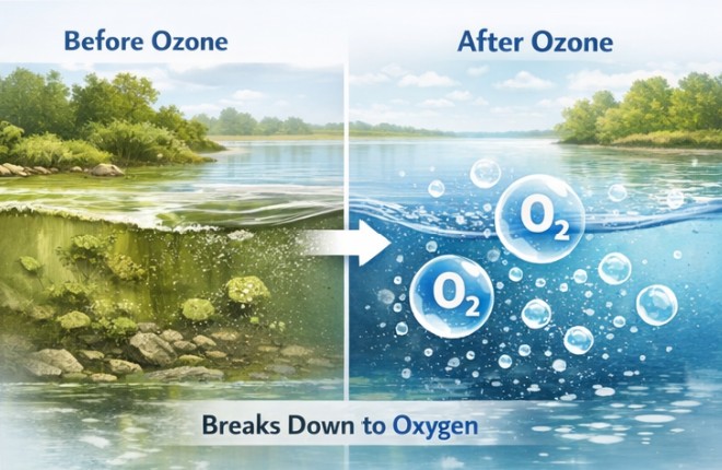 Ozone in a body of water breaks down back into oxygen, naturally decomposes back into oxygen, no chemical residue, effective against bacteria viruses protozoa and organic contaminants