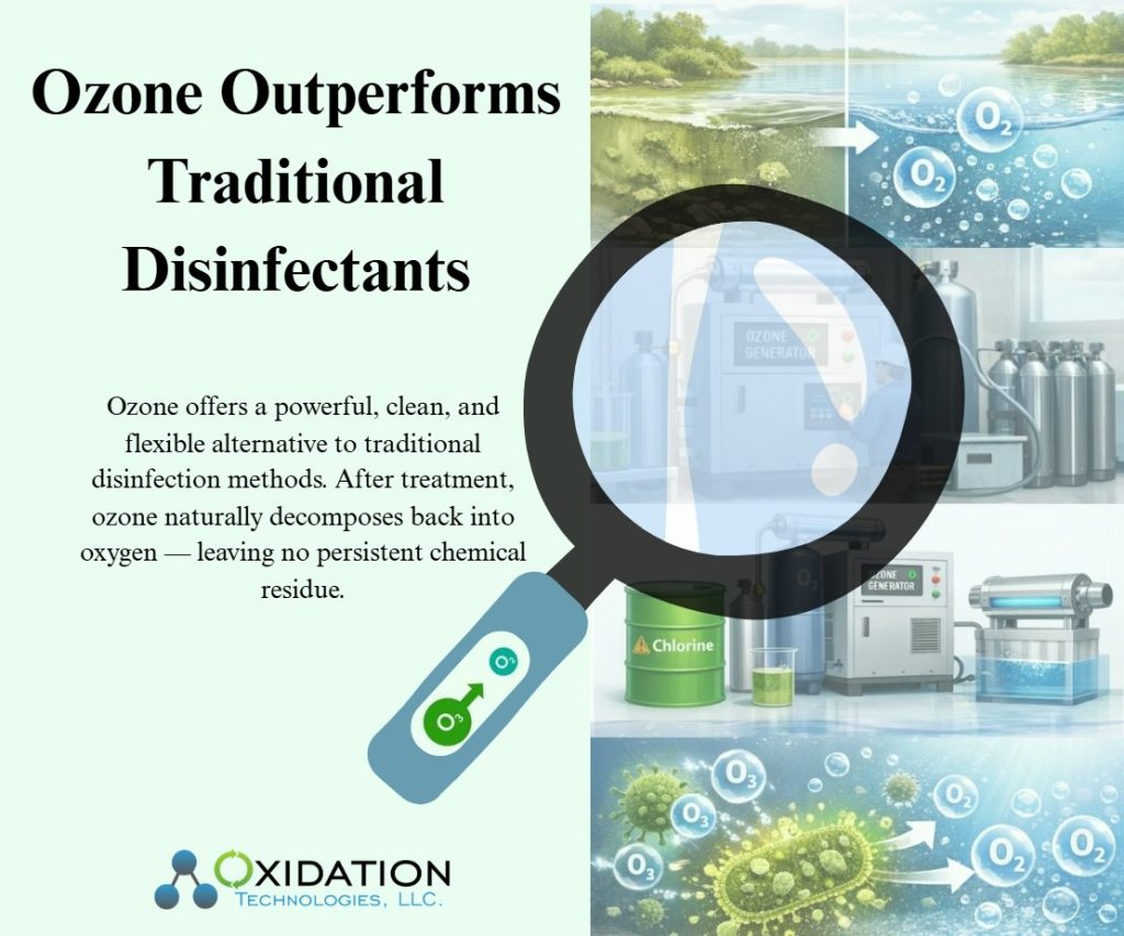 Ozone Outperforms Traditional Disinfectants,Ozone offers a powerful, clean, and flexible alternative to traditional disinfection methods. After treatment, ozone naturally decomposes back into oxygen — leaving no persistent chemical residue.