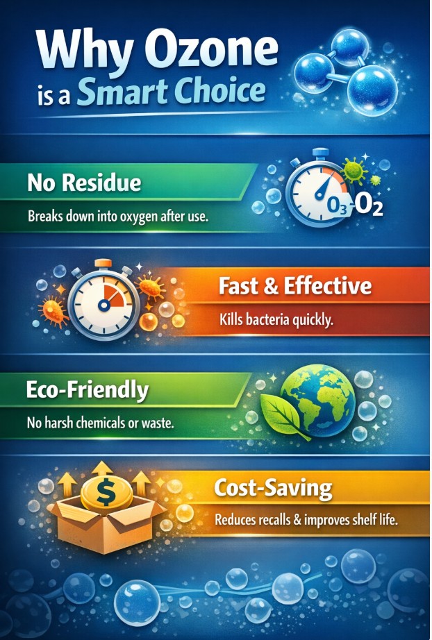 Why Ozone is a smart choice
No residue: Breaks down into oxygen after use.
Fast and effective: Kills bacteria quickly.
Eco-friendly: No harsh chemicals or waste.
Cost-saving: Reduces recalls and improves shelf life.