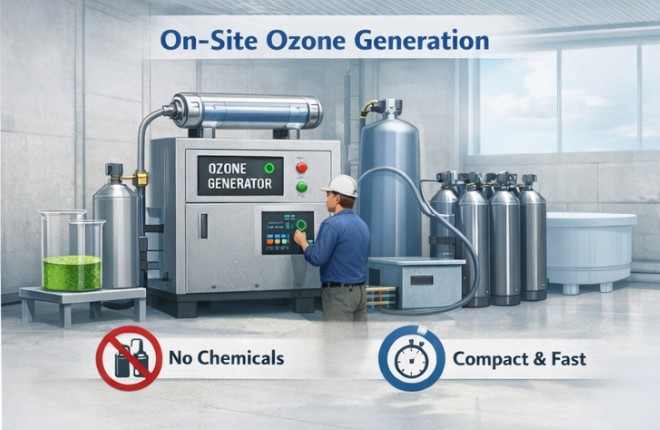 oxidation technologies, on site ozone generation, no chemicals, compact and fast, ozone generator set up, oxygen used immediately eliminating the need for chemical storage or disposal, strongest oxidants available, destroys microorganisms