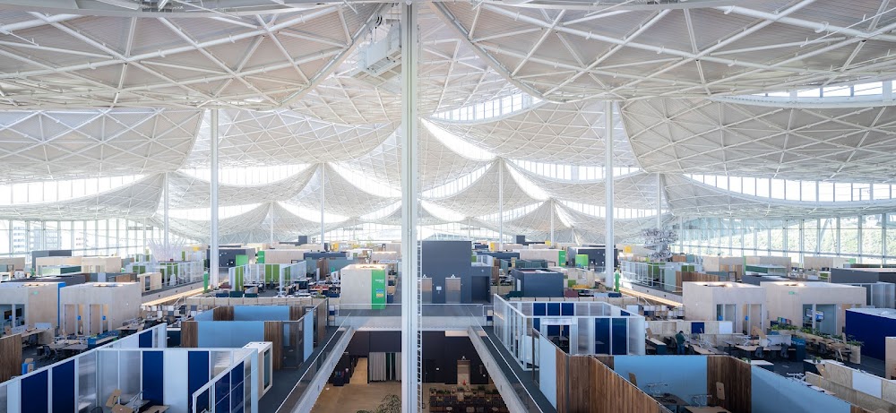 An interior view of Google’s Bay View office from a high angle.