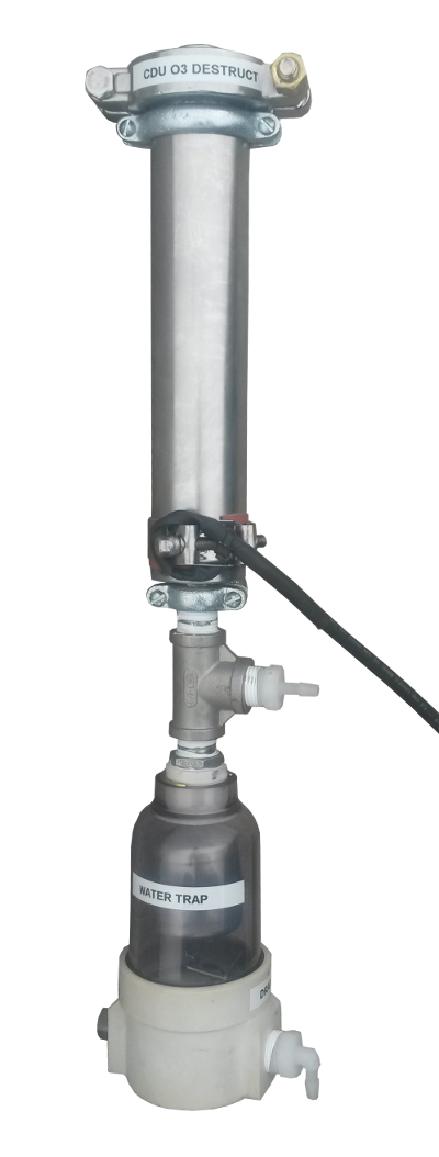 Ozone destruct device with water trap