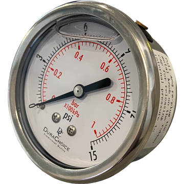 Stainless Steel Pressure Gauge - 15 PSI - Center back mount
