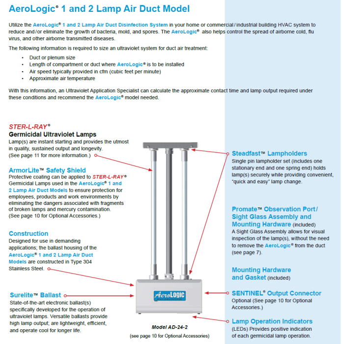 Features of UV ozone generator duct-mount